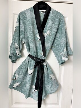 Lush Sage Green Crane Print Wrap Romper with Black Trim